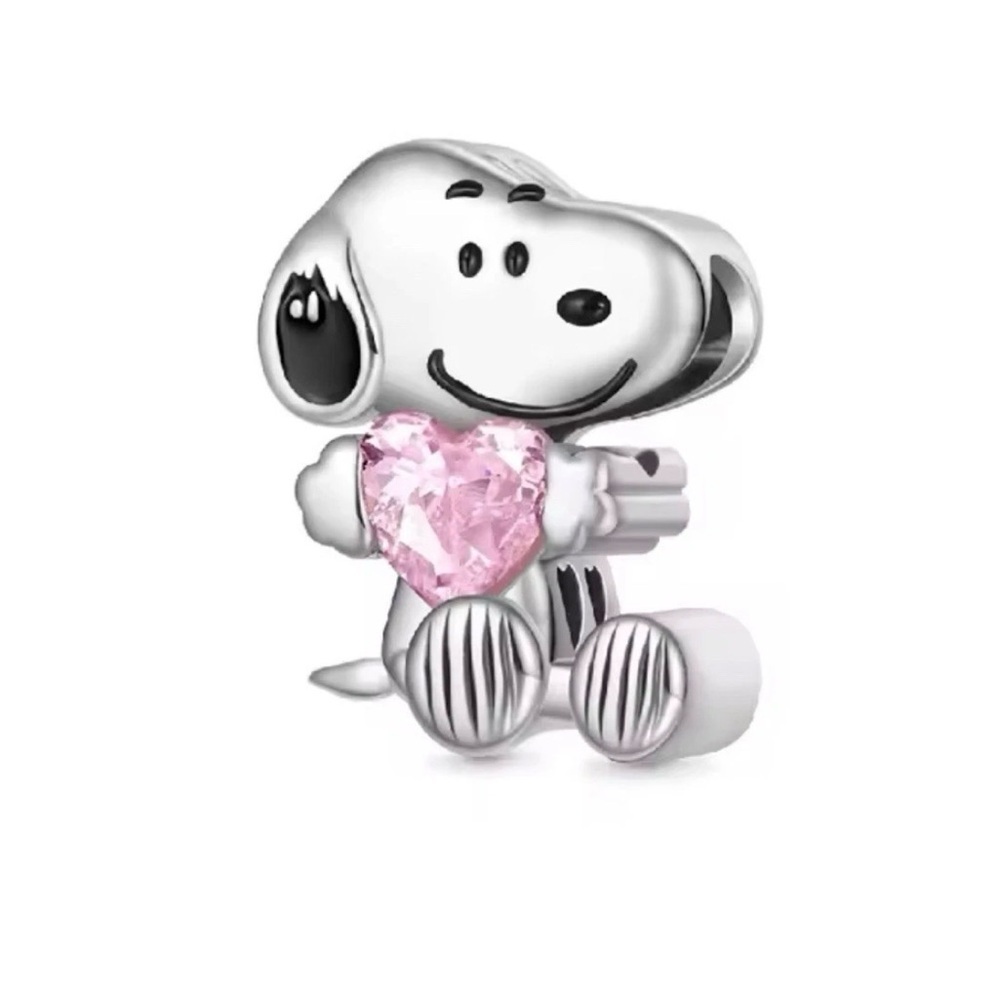 Peanuts SNOOPY Holding Pink Crystal Heart S925 Sterling Silver Charm w/Gift Box